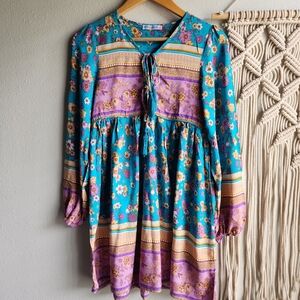 R.Vivimos Boho Floral Print Tiered‎ Dress | Long Sleeve Tassel Ties | Size S